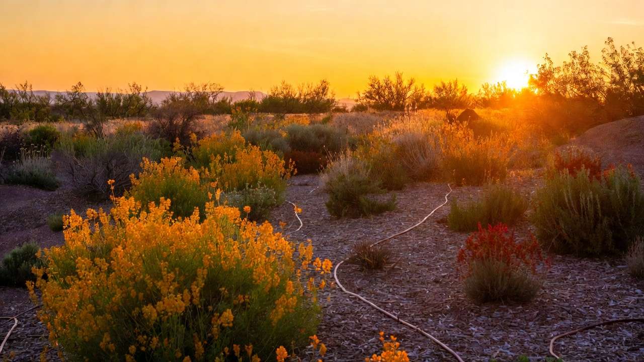 Thriving sustainable xeriscape garden with drought-tolerant shrubs under smart deep irrigation at sunset
