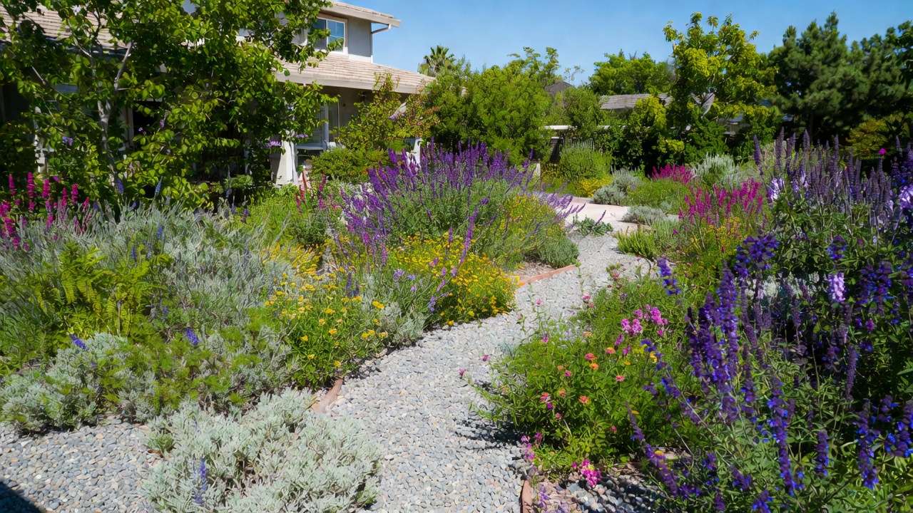 Fully mature water-wise xeric landscape with colorful shrubs, gravel paths, and no lawn – sustainable yard transformation