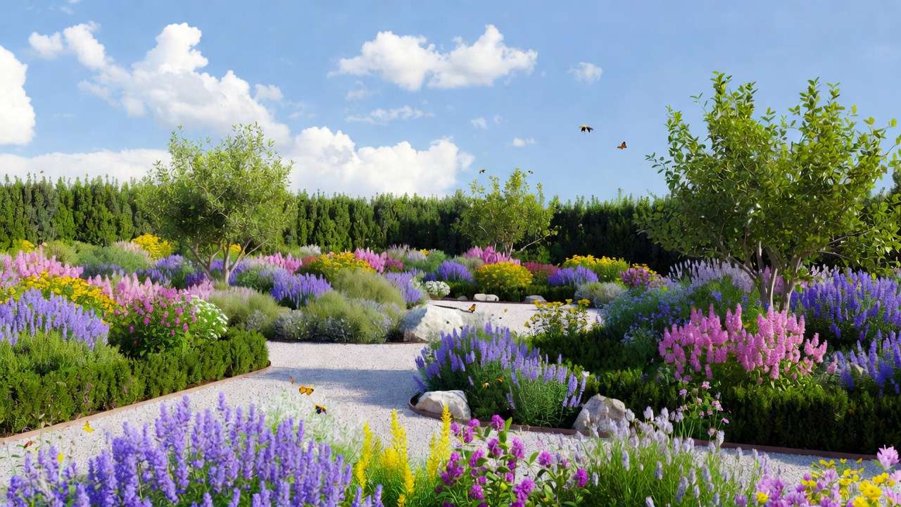 Transformed vibrant low-maintenance garden with drought-tolerant flowering shrubs bursting with color