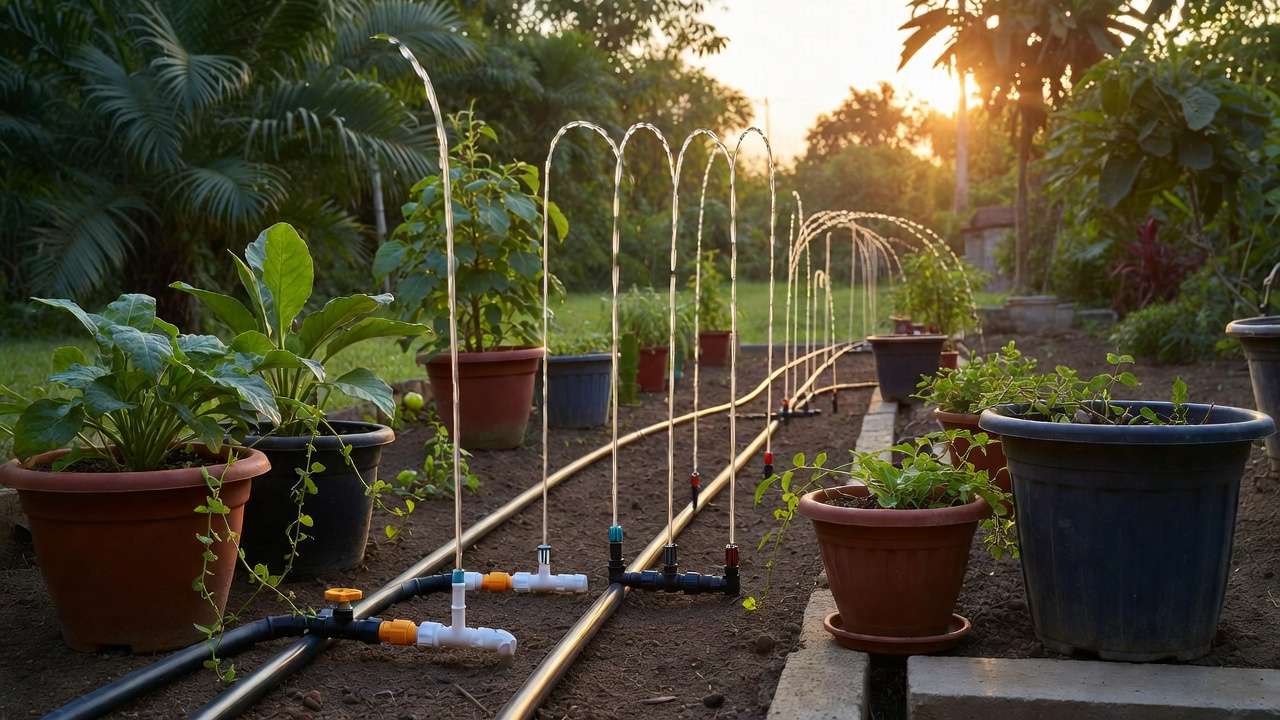 complete simple drip irrigation system working in beautiful home vegetable garden