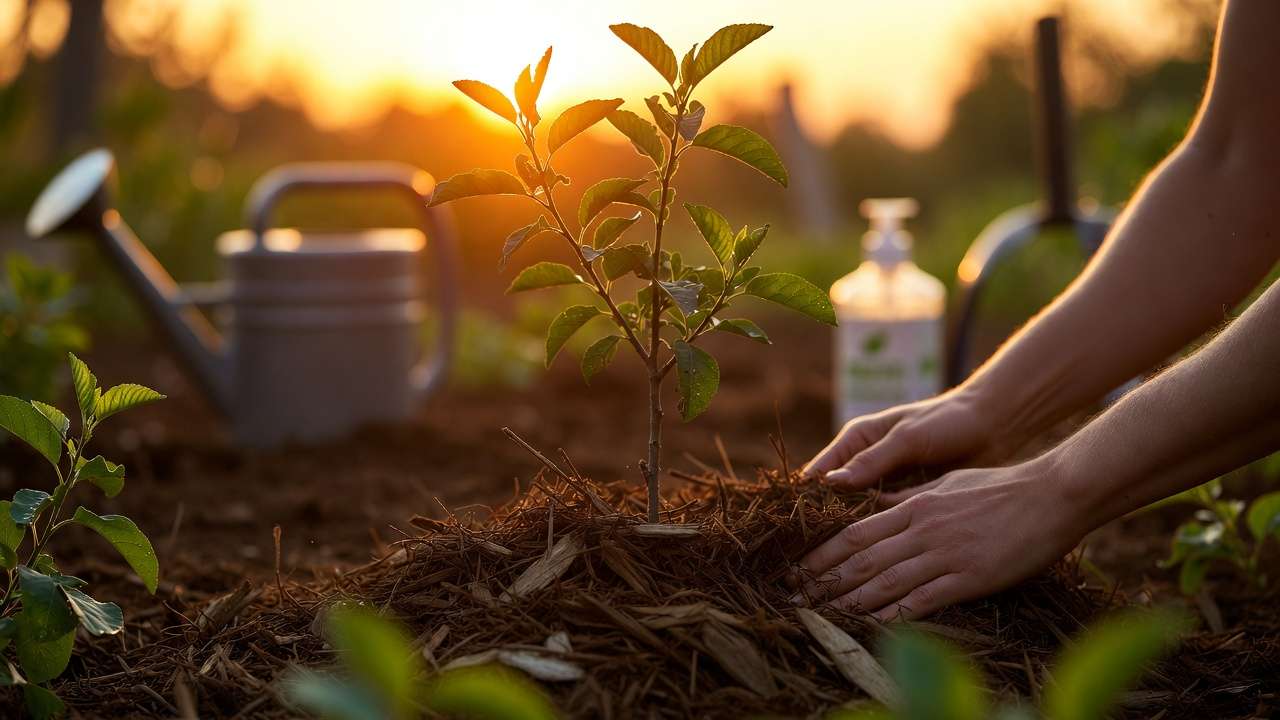 Gardener mulching young fruit tree at sunrise to begin sustainable greywater irrigation journey