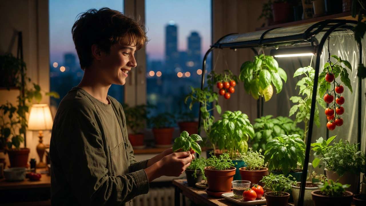 Urban dweller harvesting fresh basil and tomatoes from home indoor greenhouse in apartment