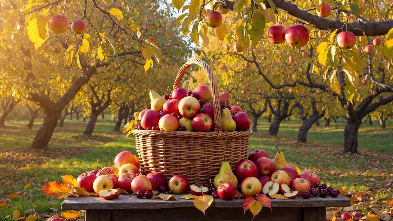Bountiful harvest of ripe apples pears and cherries in basket from well-pollinated fruit trees with perfect bloom overlap