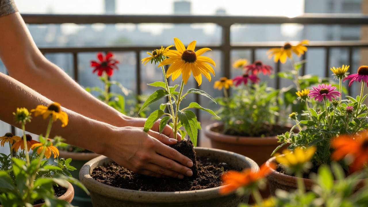 Hands planting coneflower in container as part of urban pollinator garden