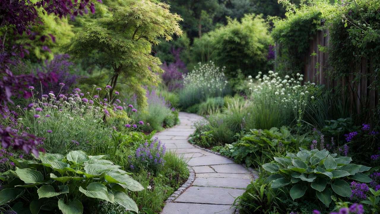 Small yard with diagonal curved path and layered plants creating depth and spacious illusion