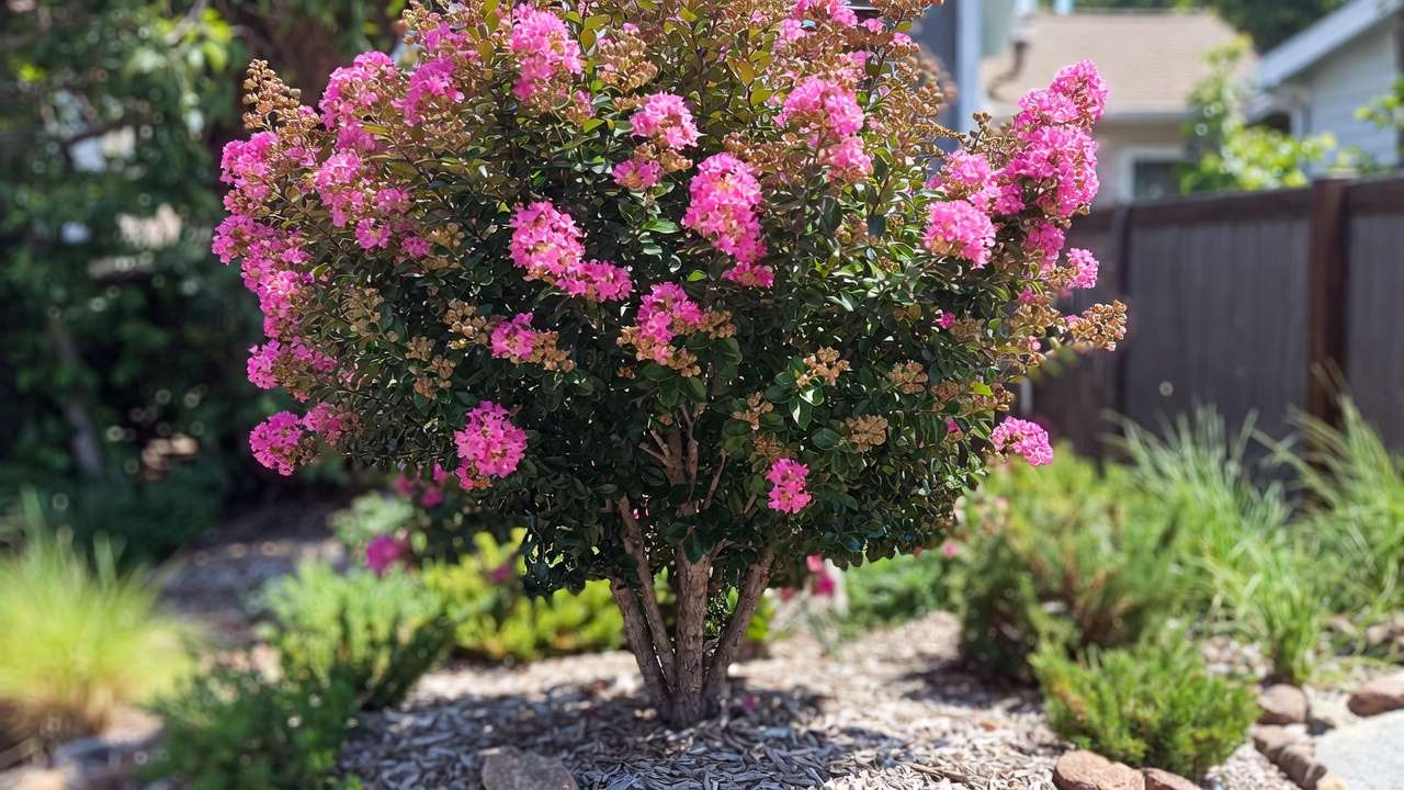 Compact crape myrtle in bloom as colorful focal point in small yard landscaping