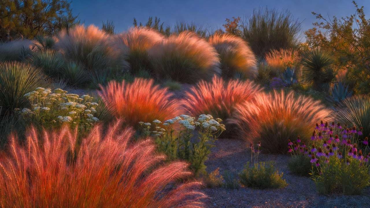 Fall xeriscape design with little bluestem, Mexican feather grass, and drought-tolerant perennials in an arid grassland style landscape
