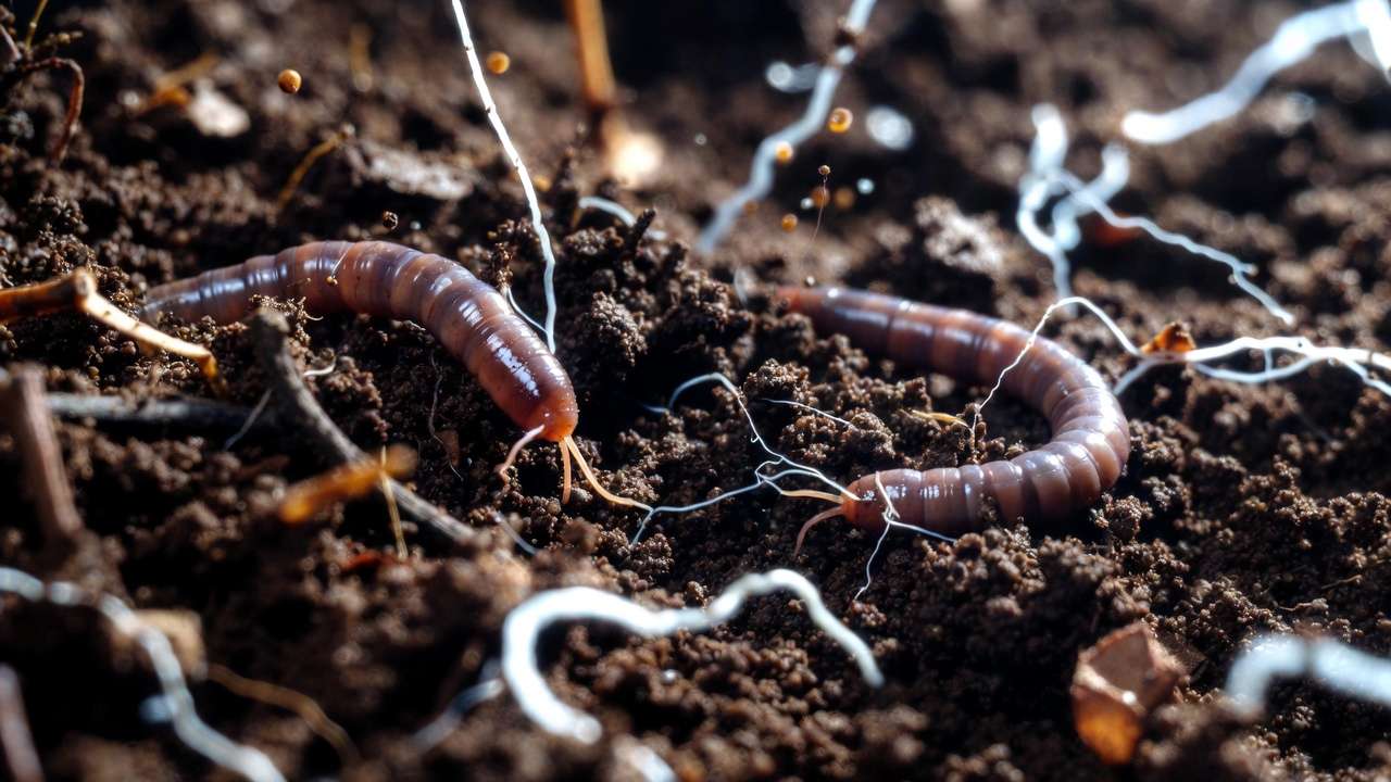 Soil food web with earthworms, mycorrhizal fungi, and microbes in healthy sustainable garden soil