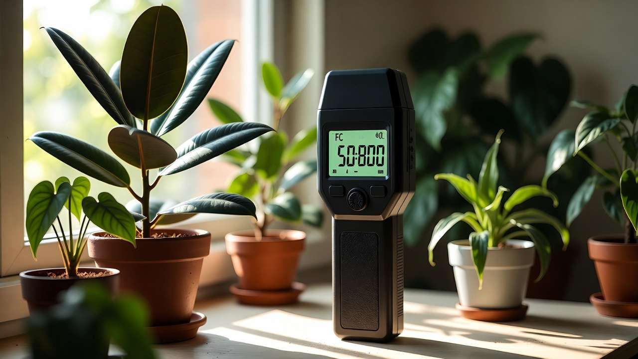 Digital handheld light meter displaying foot-candles among houseplants for precise indoor light measurement