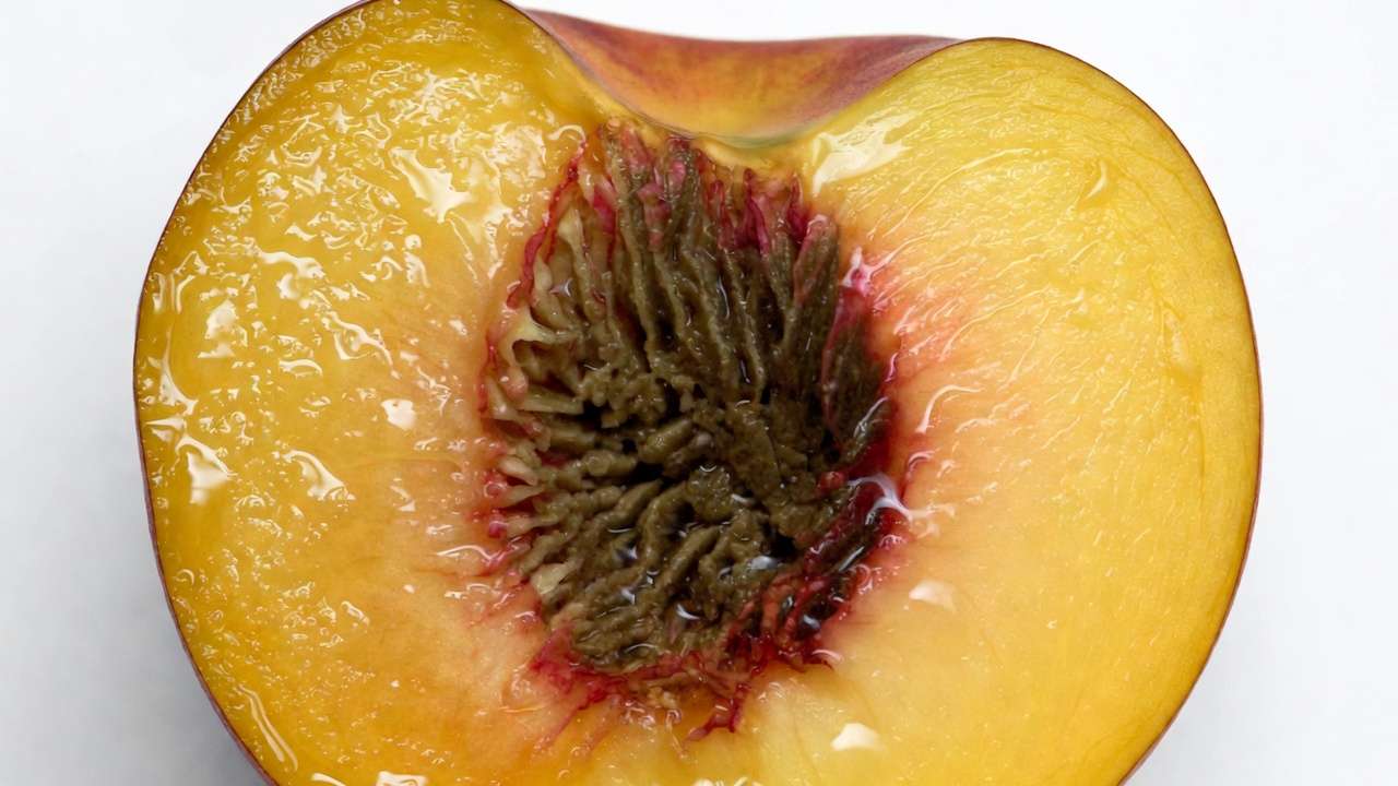 Close-up cross-section of a peach showing the hard pit and juicy flesh structure.