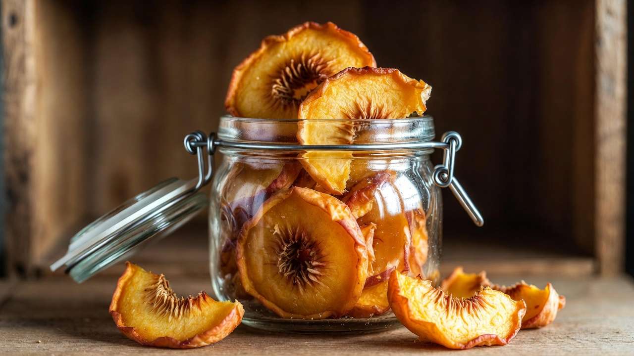 Dried dehydrated peach slices stored in glass jar