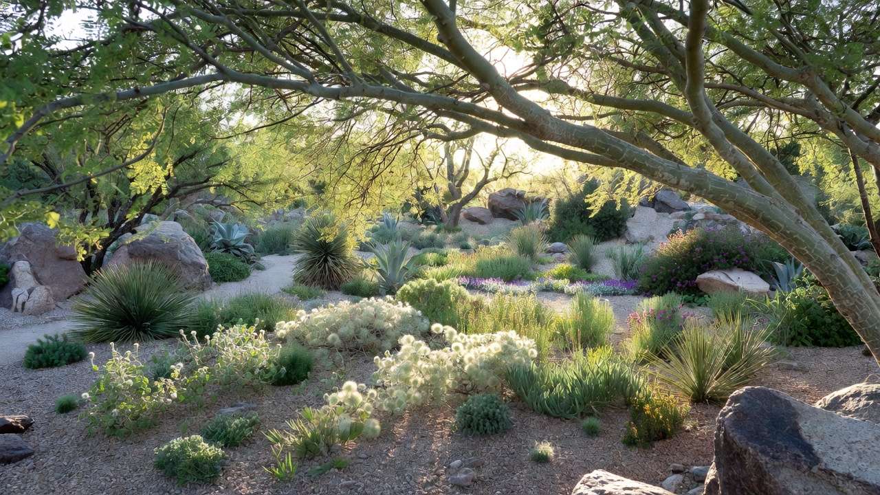 Shade garden under mesquite tree canopy with native desert plants and xeriscape elements