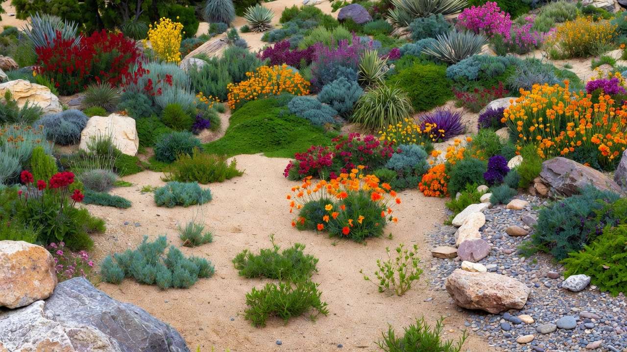 Stunning xeriscape design with plants adapted to sandy soils in a low-maintenance colorful garden