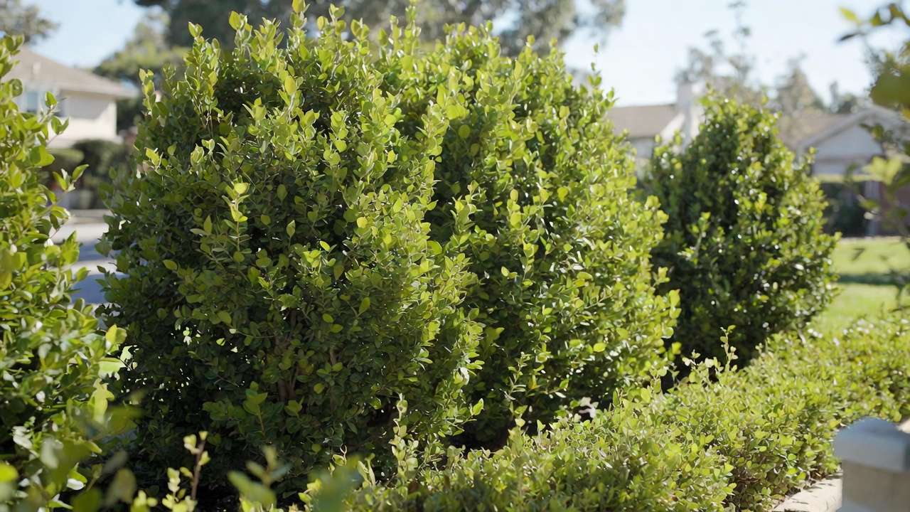 Year-round privacy hedge using drought-tolerant evergreen shrubs in a low-maintenance yard.