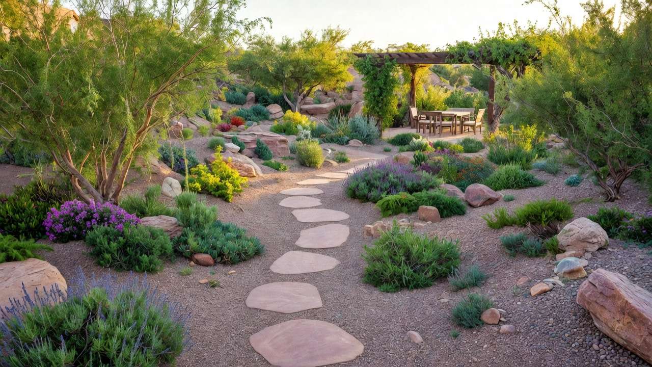 Xeriscape cool desert garden design with gravel paths, drought-tolerant plants, rocks, and natural layout.