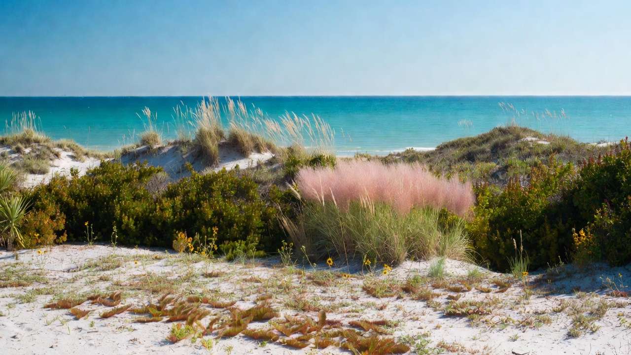 Layered design of drought-tolerant oceanfront garden with switchgrass, muhly grass, wax myrtle, and groundcovers against ocean backdrop
