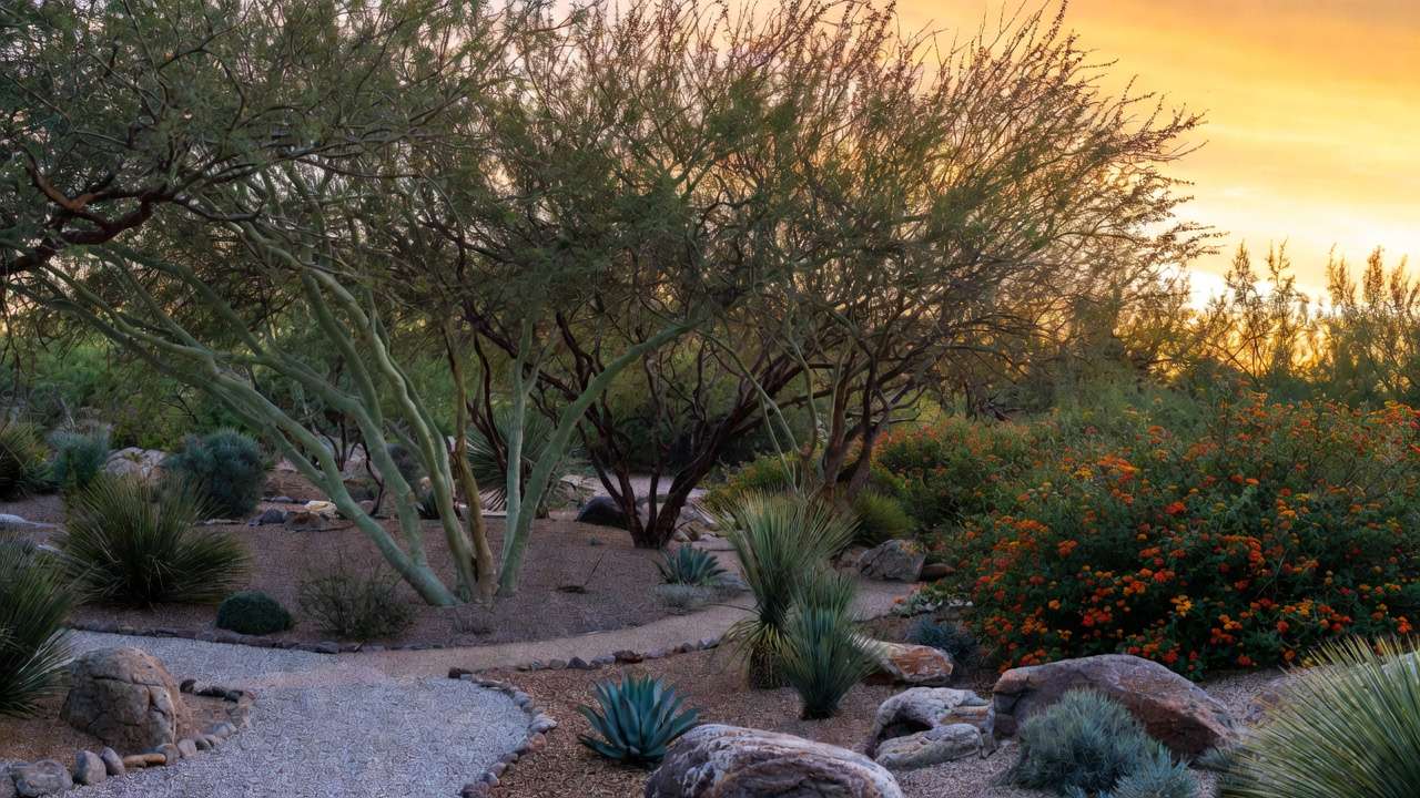 Grouped desert trees creating privacy screen in xeriscape backyard with native plants