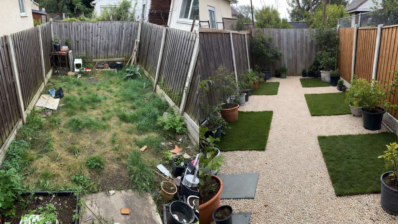 Before and after small backyard garden transformation from grass to gravel and micro-lawn hybrid.
