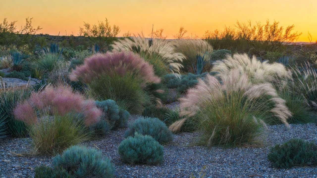 Mixed xeriscape garden design with ornamental grasses, succulents, and agaves in dry climate