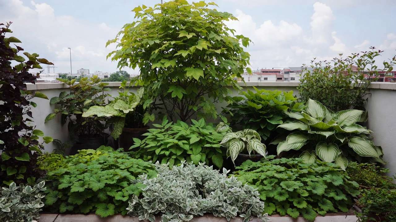 Layered planting design for shady city balcony garden with hydrangeas, hostas, and ground covers in containers