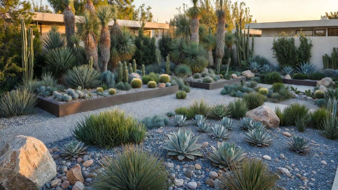 Modern succulent xeriscape design with geometric patterns and architectural plants.