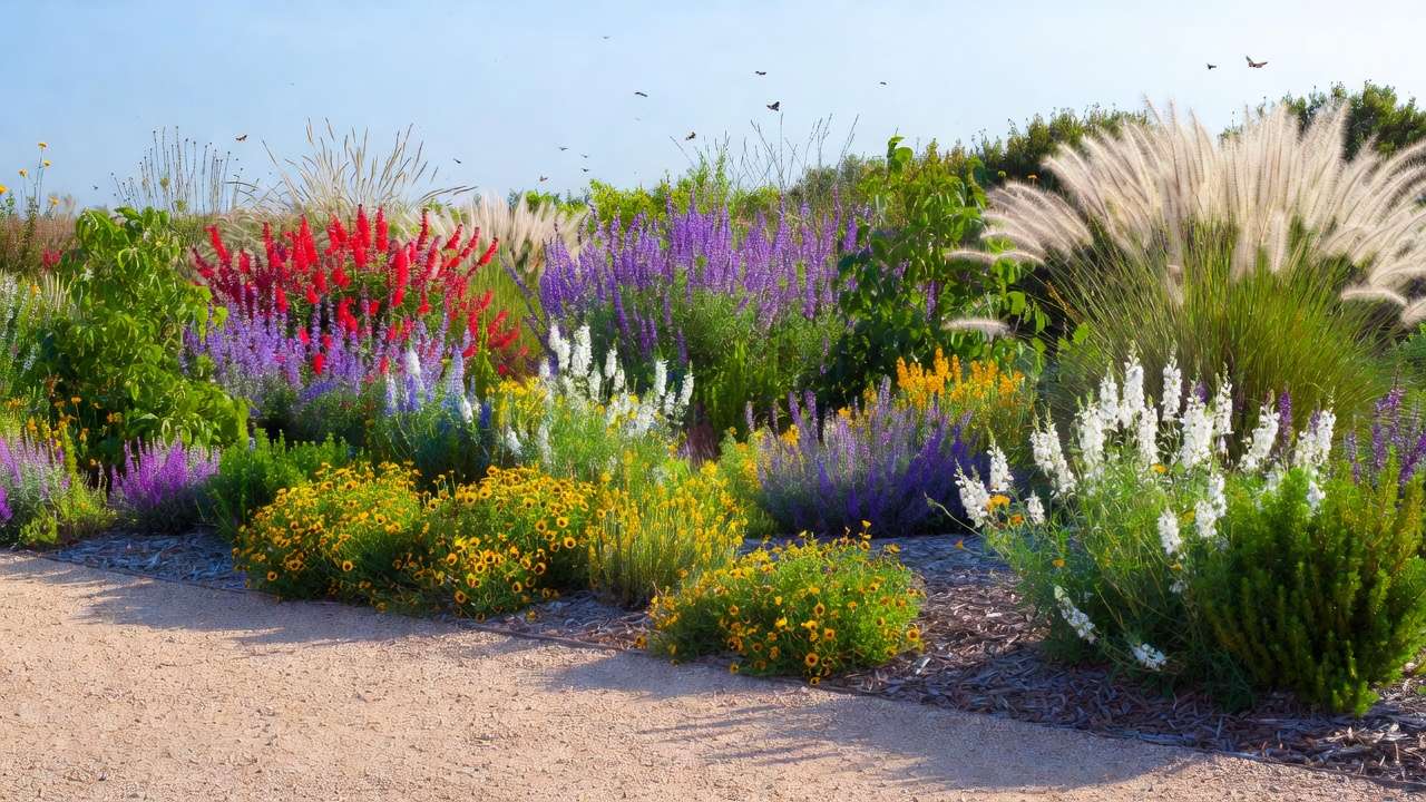 Xeriscape garden design featuring layered low-water flowering shrubs colorful borders and pollinators