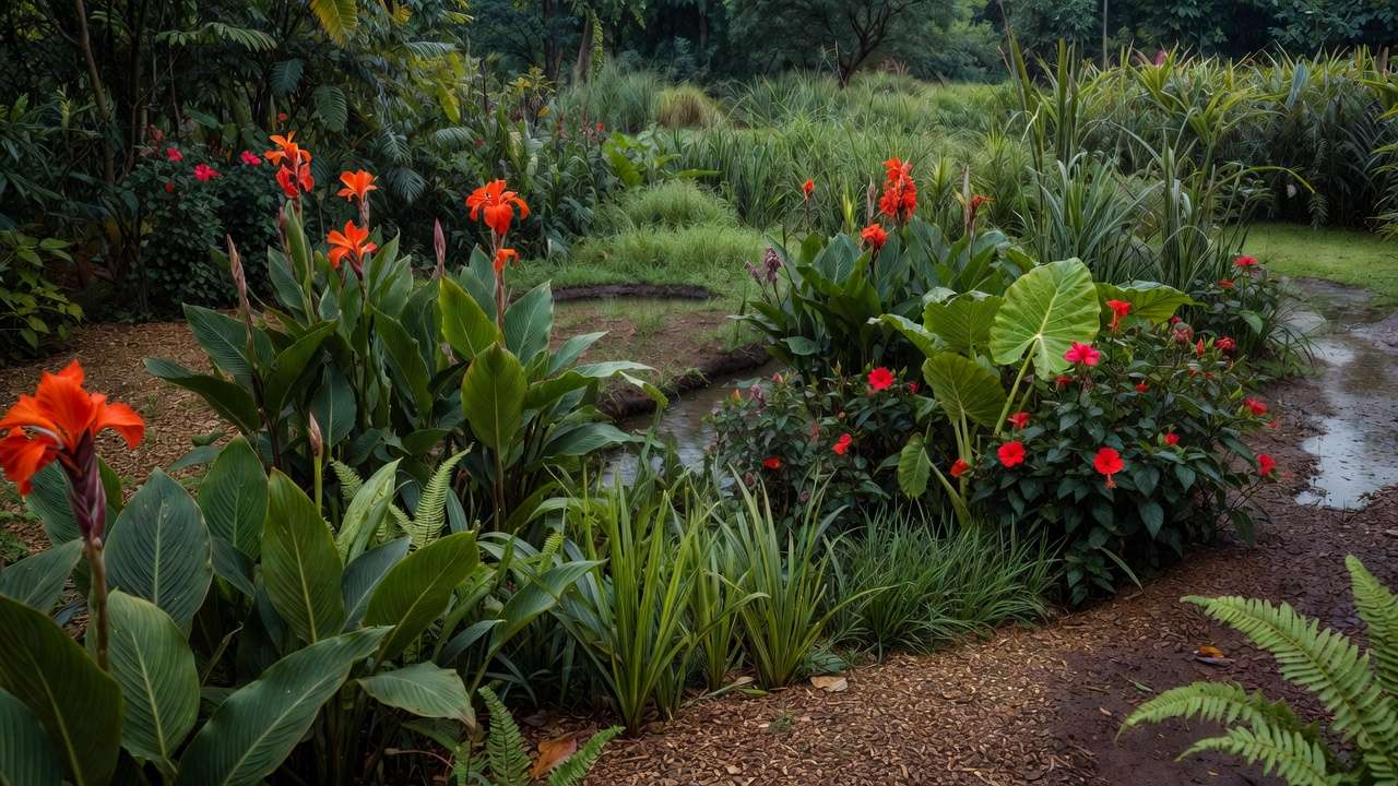 Tropical rain garden with native plants and stormwater basin in lush monsoon landscape