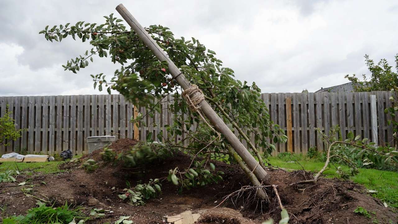 Dwarf fruit tree staked for support after wind showing poor natural anchorage