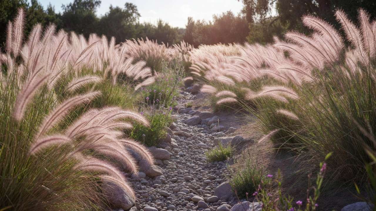 Dry creek bed with ornamental grasses in a beautiful drought-resistant landscaping design for water-wise yards