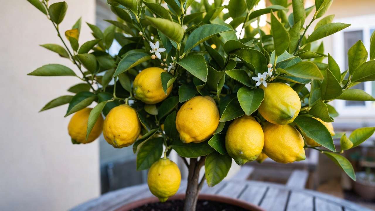 Close-up of dwarf Meyer lemon tree in container loaded with ripe yellow fruit and white blossoms