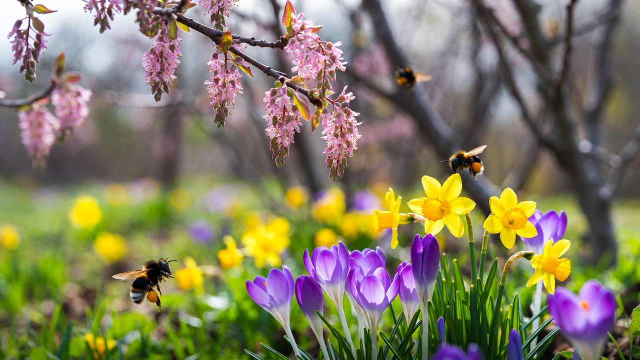 Early spring crocuses, daffodils, and serviceberry blossoms attracting mason bees near budding fruit trees