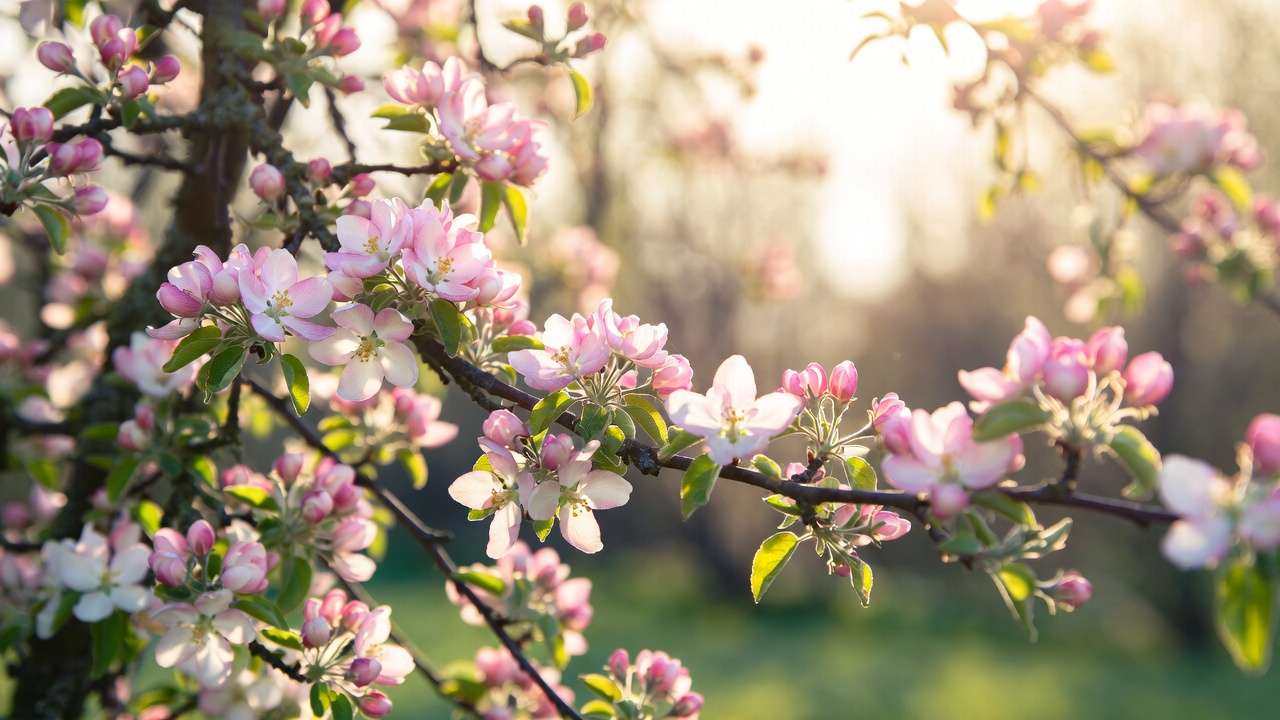 Early spring apple tree blossoms and buds with pollinating bees