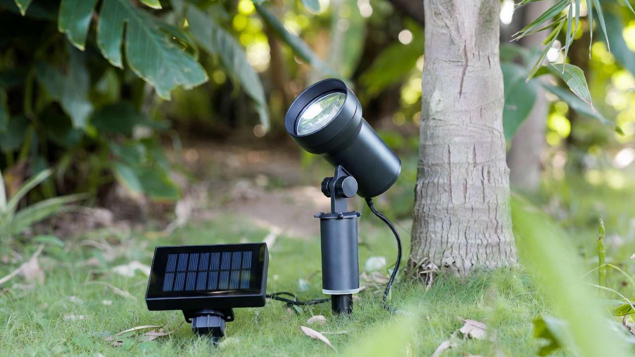 Installing solar spotlight near tree base with panel in sun for nighttime garden lighting