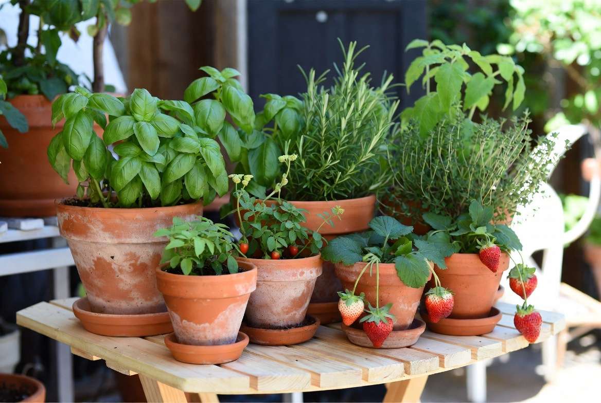Edible container plants with herbs, strawberries, and tomatoes in patio pots for functional beauty