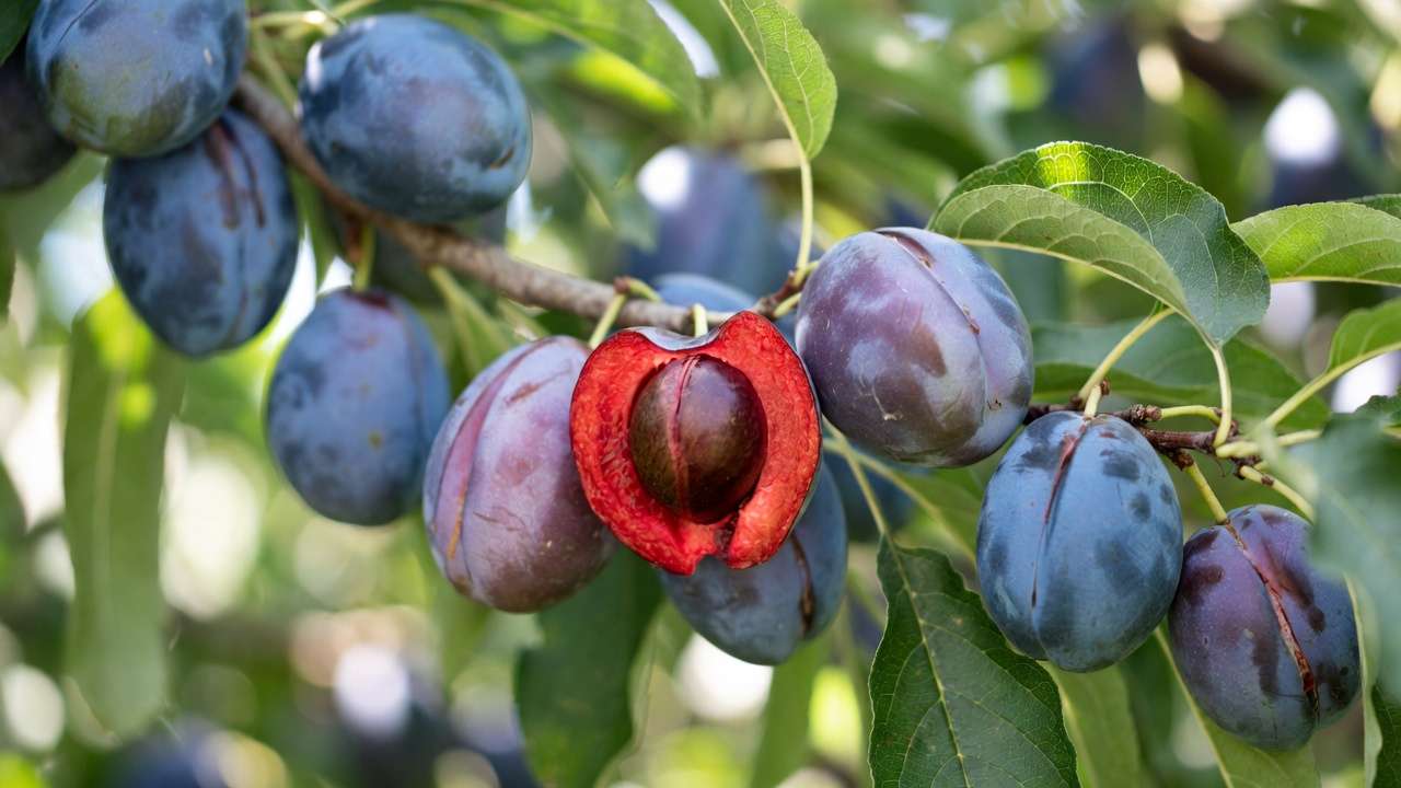 Elephant Heart blood plum on tree, deep red flesh highlighting tart-sweet complex flavor