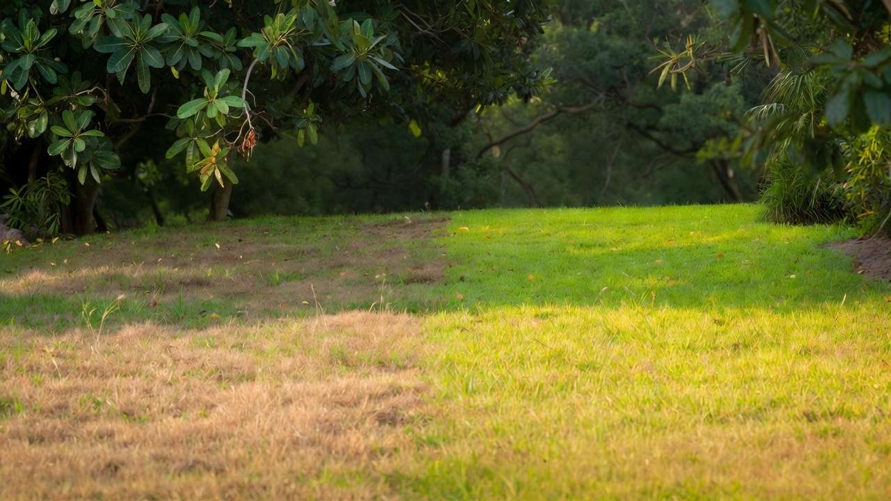 Tropical lawn in strategic dormancy recovering to green after dry spell showing drought resilience