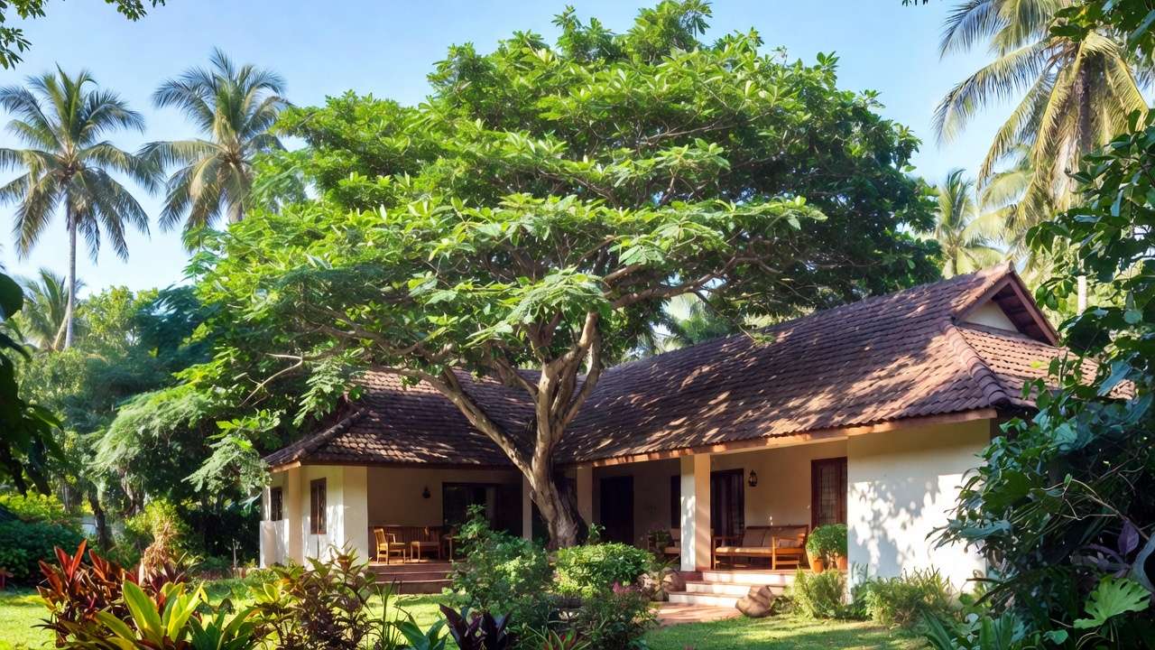 Mature shade tree like mango placed near house for natural cooling energy savings in tropical eco-friendly landscape design