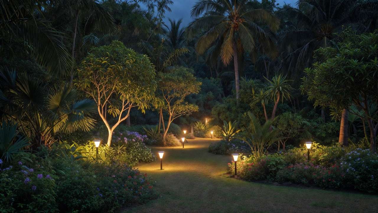 Solar-powered lights enhancing nighttime beauty of trees and plants in an eco-friendly tropical garden