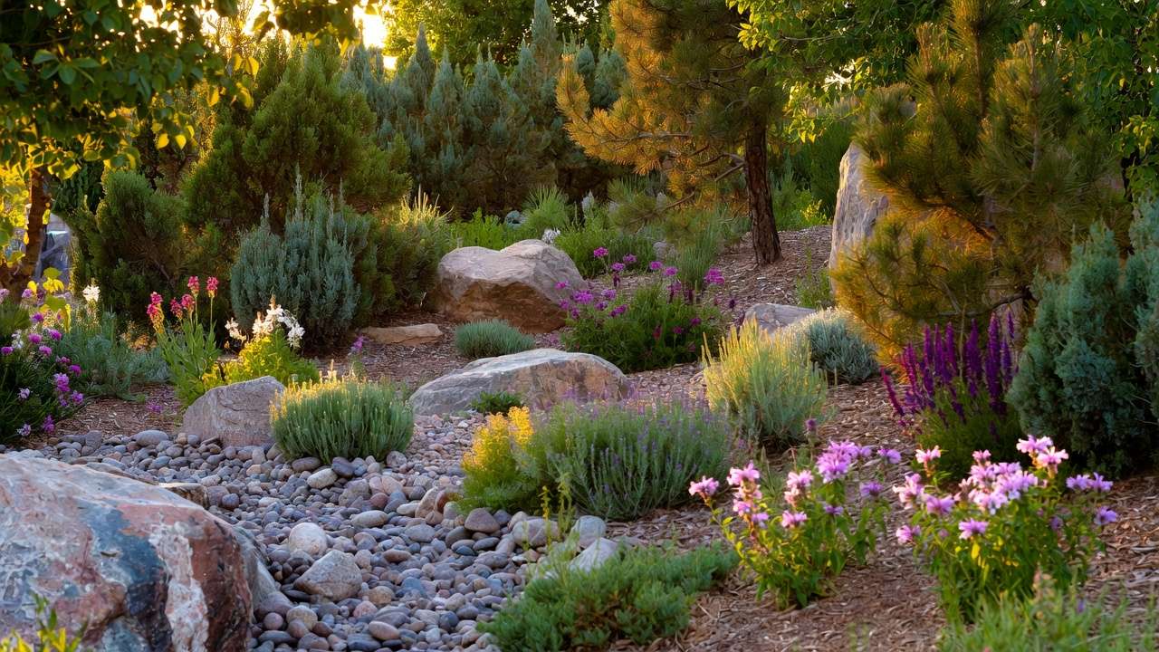 Enhanced xeriscape with boulders, pollinator plants, and year-round interest in water-wise design