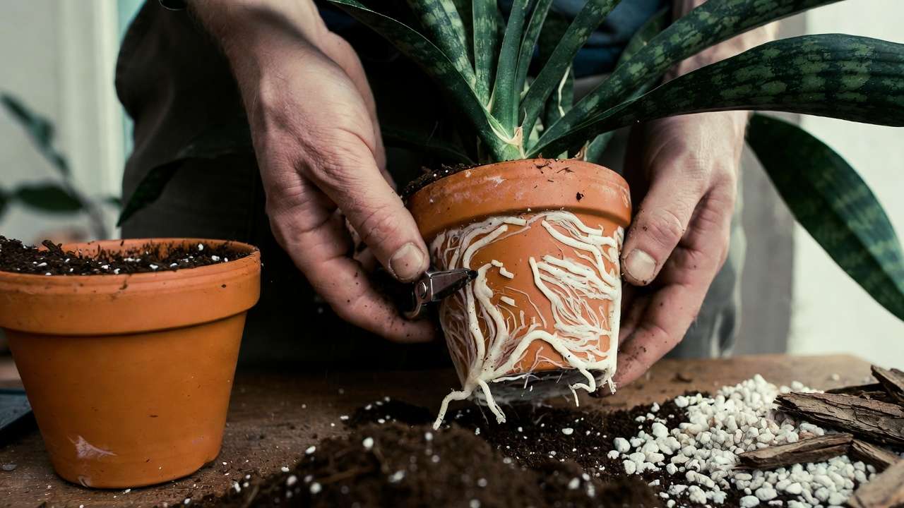 Repotting snake plant showing healthy white roots and good drainage setu