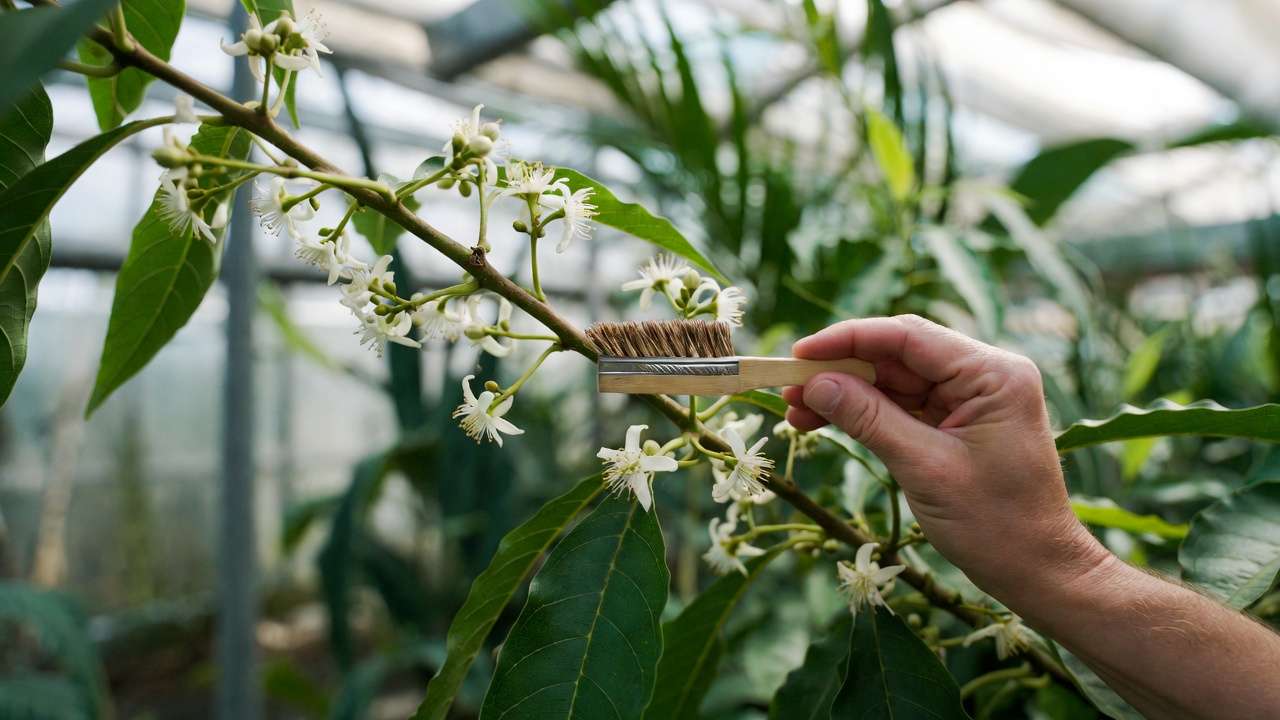 Hand-pollinating avocado flowers with brush in tropical greenhouse