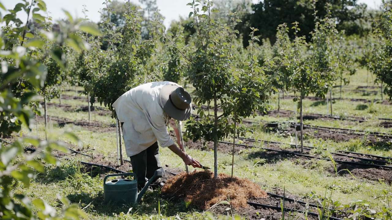 Summer pruning of a dwarf apple tree in a small backyard orchard