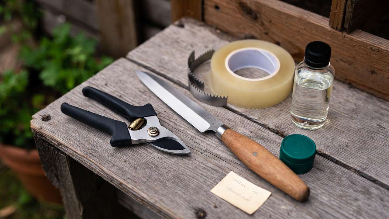 Essential grafting tools including knife, parafilm, wax and sanitizer arranged for successful plant grafting