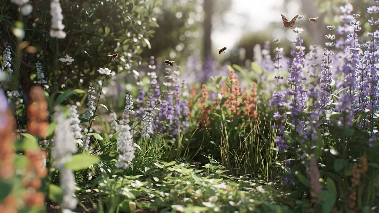 layered planting example for small space wildlife habitat with trees shrubs and groundcover plants