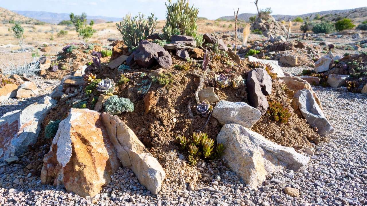 Raised mound soil preparation in xeric rock garden showing gritty drainage mix and embedded rocks