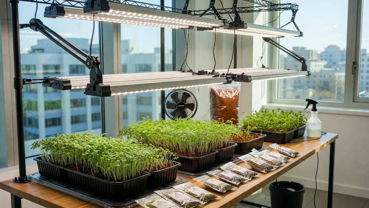 Urban microgreens growing setup with trays, LED lights, seeds and coco coir on apartment shelf