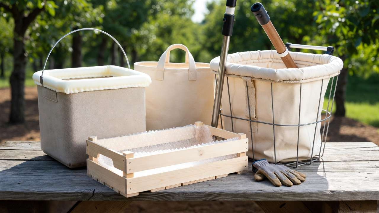 Recommended padded buckets, crates, and gentle picking tools to prevent fruit bruising