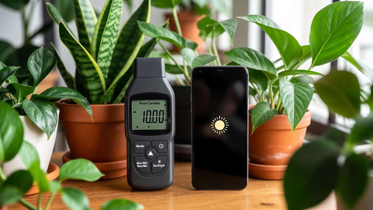 Digital light meter and smartphone app measuring foot-candles next to thriving indoor houseplants