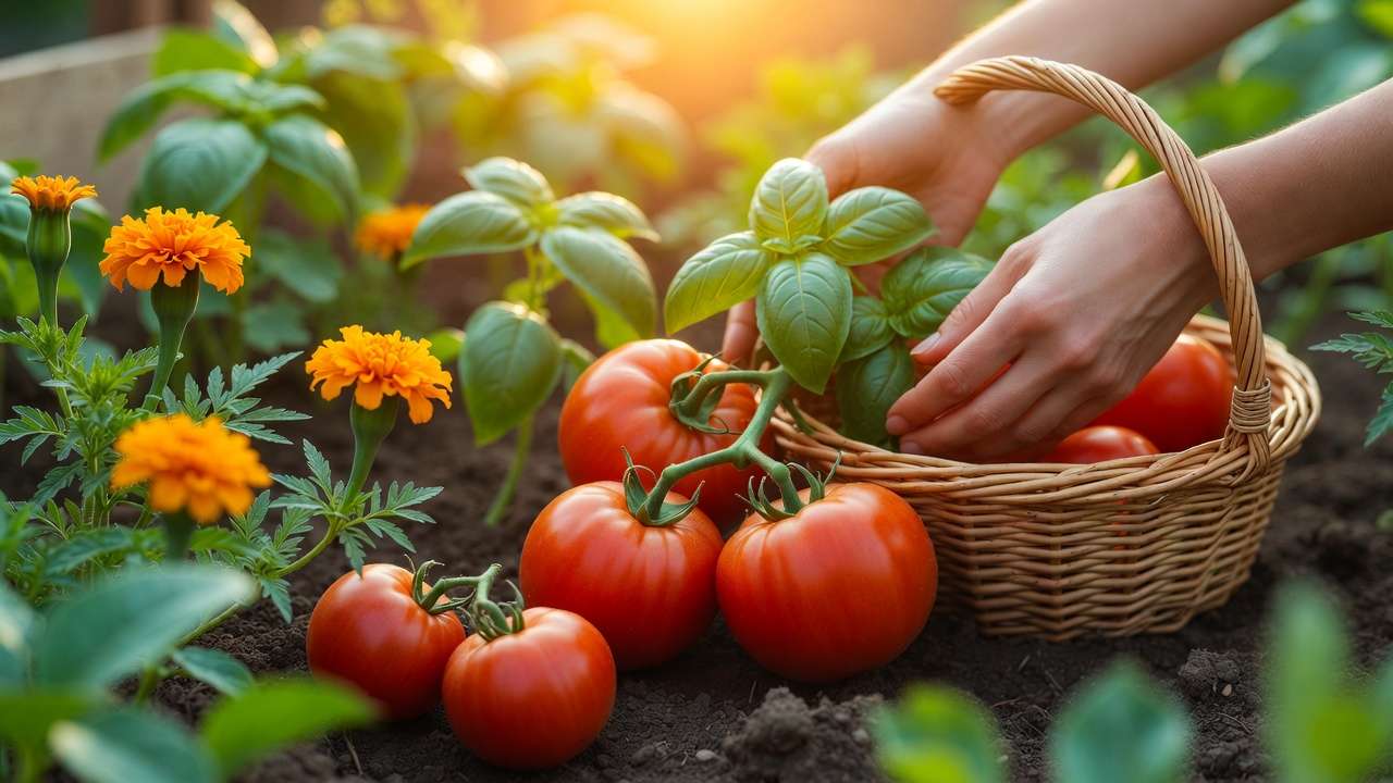 Harvesting fresh tomatoes and herbs with gratitude in a mindful home vegetable garden