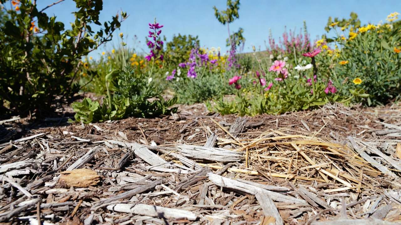 Lush thriving garden with thick organic mulch demonstrating excellent water retention and plant health benefits